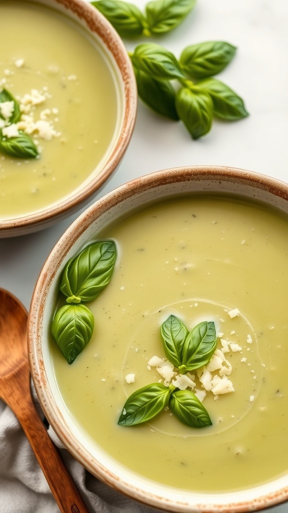A bowl of creamy zucchini and basil soup garnished with basil and Parmesan cheese.